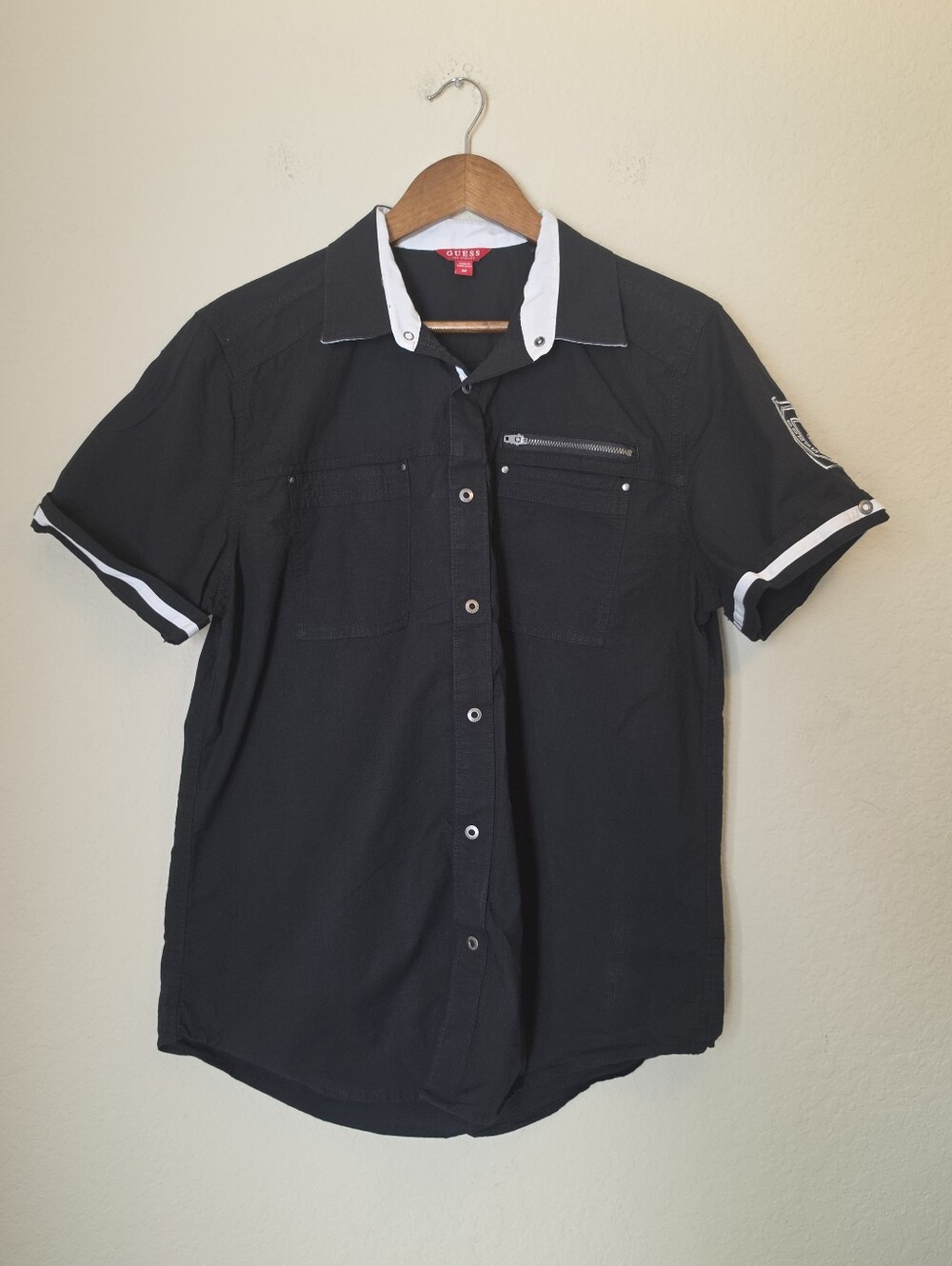 Guess Snap Button Utility Shirt Mens Medium Black White Trim Retro Y2K Grunge